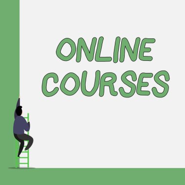 Online Kursları gösteren not yazma. İş fotoğraf vitrine devrim örgün eğitim Internet üzerinden öğrenme Bir Erkek uzun boylu yüksek duvara tırmanmak kısa merdiven kullanımı.