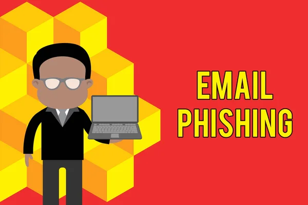 Texto de escritura de palabras Email Phishing. Concepto de negocio para correos electrónicos que pueden enlazar a sitios web que distribuyen malware Hombre de pie en traje con anteojos que sostiene abierta foto portátil Arte . —  Fotos de Stock