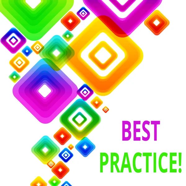 Writing note showing Best Practice. Business photo showcasing commercial procedures that are accepted prescribed being correct Vibrant Multicolored Rhombuses Diamonds of Different Sizes Overlapping. — Stock Photo, Image