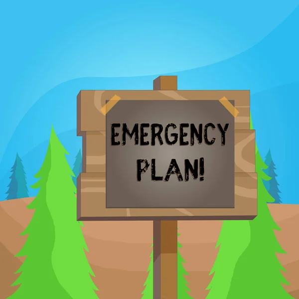 Word writing text Emergency Plan. Business concept for actions developed to mitigate damage of potential events Wood plank wooden stick pole paper note attached adhesive tape empty space. — Stock Photo, Image