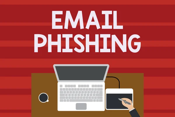 Text sign showing Email Phishing. Conceptual photo Emails that may link to websites that distribute malware Upper view laptop wooden desk worker drawing tablet coffee cup office.