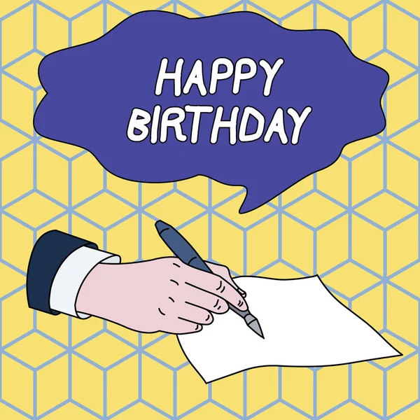 Text sign showing Happy Birthday. Conceptual photo The birth anniversary of a demonstrating is celebrated with presents Male Hand Formal Suit Holding Ballpoint Pen Blank Piece of Paper Writing.