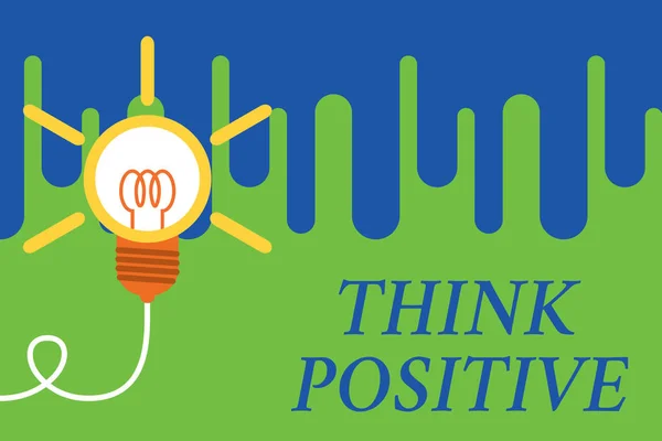 Handwriting text Think Positive. Concept meaning The tendency to be positive or optimistic in attitude Big idea light bulb. Successful turning idea invention innovation. Startup.