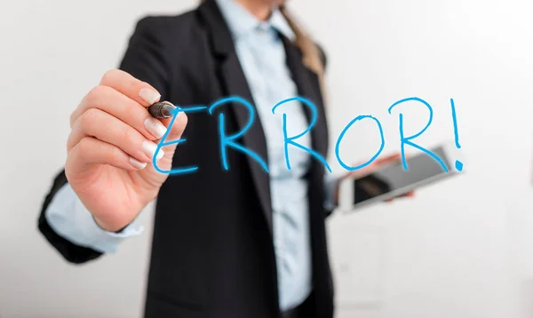 Writing note showing Error. Business photo showcasing state or condition of being wrong in conduct judgement or program Digital business in black suite concept with business woman. — Stock Photo, Image