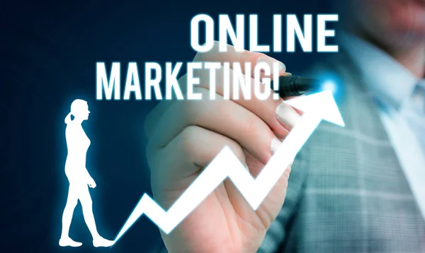 Psaní rukou psaný text online marketing. Koncepce znamená využití webových kanálů šířených na stránkách společnost lidská žena nosit formální pracovní oděv prezentace použít inteligentní zařízení. — Stock fotografie