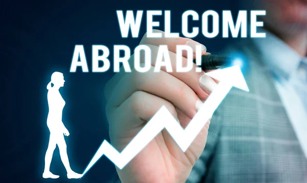 Handwriting text writing Welcome Abroad. Concept meaning something that you say when someone gets on ship Female human wear formal work suit presenting presentation use smart device. — Stock Photo, Image