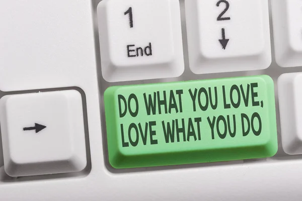 Text sign showing Do What You Love Love What You Do. Conceptual photo you able doing stuff you enjoy it to work in better places then White pc keyboard with empty note paper above white background key