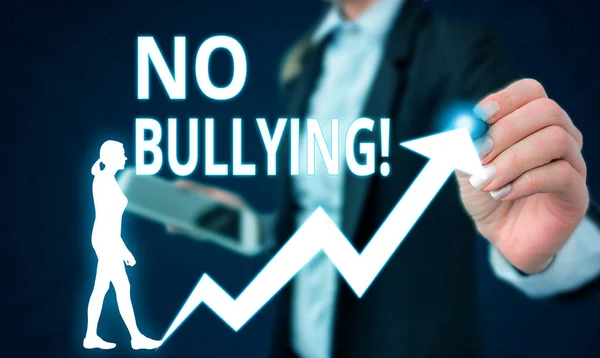 Conceptual hand writing showing No Bullying. Business photo text stop aggressive behavior among children power imbalance Female human wear formal work suit presenting smart device.