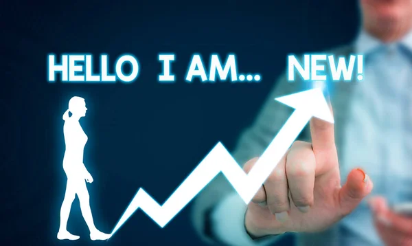 Text sign showing Hello I Am New. Conceptual photo used as greeting or to begin telephone conversation Female human wear formal work suit presenting presentation use smart device.