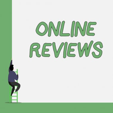 Çevrimiçi İncelemeleri gösteren not yazma. İş fotoğraf vitrin Ürün değerlendirme Müşteri geribildirim web sitesinde yayınlamak Bir Erkek uzun boylu yüksek duvara tırmanmak kısa merdiven kullanımı.