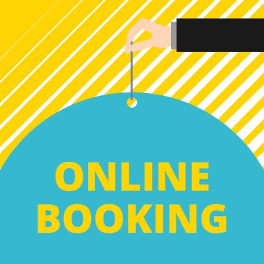 Online Rezervasyon'u gösteren metin işareti. Kavramsal fotoğraf Rezervasyon internet otel konaklama Uçak bileti Man el başparmak ve işaret parmağı ile büyük yarım yuvarlak kağıt kravat dize tutun.