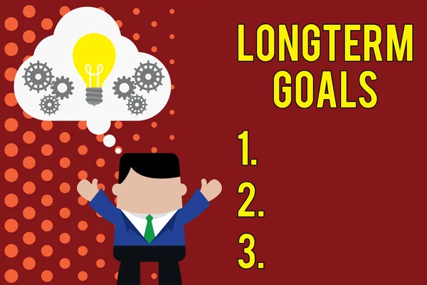 Writing note showing Longterm Goals. Business photo showcasing Strategic target that is required more time for completion Man hands up imaginary bubble light bulb working together. — Stock Photo, Image