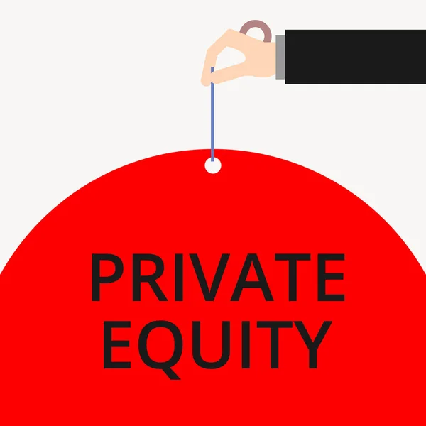 Word writing text Private Equity. Business concept for Capital that is not listed on a public exchange Investments Male hand arm needle punching big half blank balloon geometrical background.