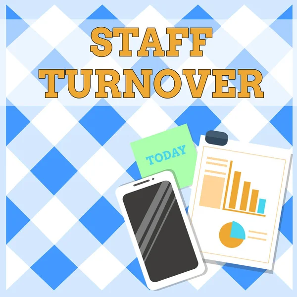 Conceptual hand writing showing Staff Turnover. Business photo text The percentage of workers that replaced by new employees Layout Smartphone Sticky Notes with Pie Chart and Bar Graph.