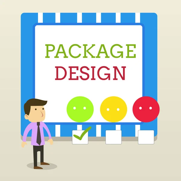 Word writing text Package Design. Business concept for Strategy in creating unique product wrapping or container White Male Questionnaire Survey Choice Checklist Satisfaction Green Tick. — Stock Photo, Image