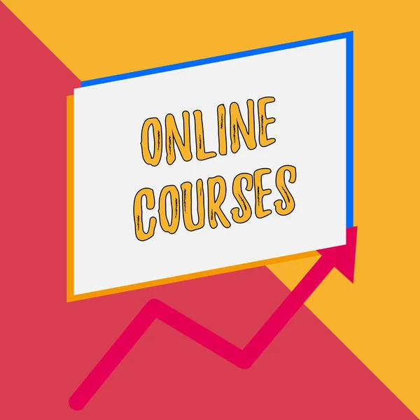 Conceptual hand writing showing Online Courses. Business photo showcasing Revolutionizing formal education Learning through internet Blank rectangle above another arrow zigzag upwards sale. — Stock Photo, Image