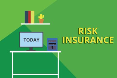 Kelime yazma metin Risk Sigorta. Sorumluluk kapsamına karşı Kayıp Hasar olasılığı için İş konsepti Masaüstü bilgisayar ahşap masa arka plan raf kitapları saksı süsler.