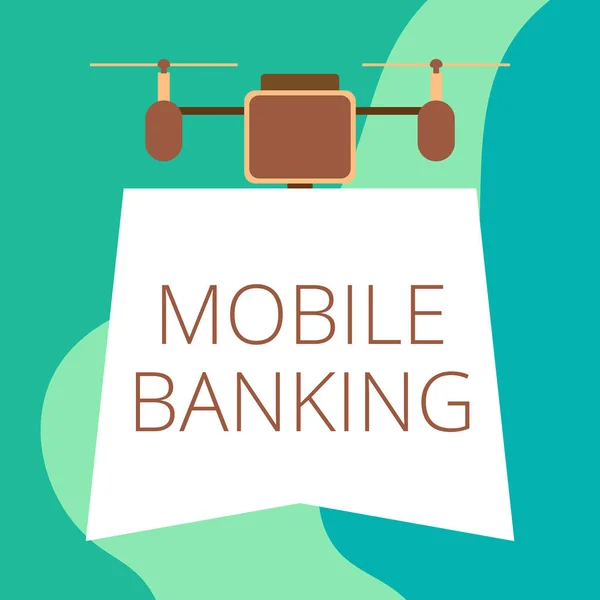 Conceptual hand writing showing Mobile Banking. Business photo showcasing Monitoring account balances Transferring funds Bill payment Drone holding downwards banner Geometrical design. — Stock Photo, Image