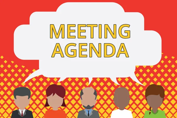 Word writing text Meeting Agenda. Business concept for An agenda sets clear expectations for what needs to a meeting Five different races persons sharing blank speech bubble. People talking. — Stock Photo, Image