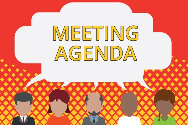 Word writing text Meeting Agenda. Business concept for An agenda sets clear expectations for what needs to a meeting Five different races persons sharing blank speech bubble. People talking.