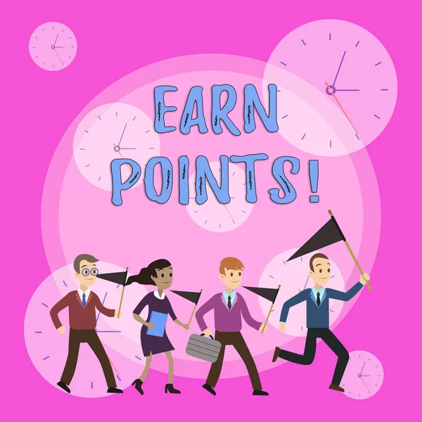 Writing note showing Earn Points. Business photo showcasing collecting scores in order qualify to win big prize Crowd Flags Headed by Leader Running Demonstration Meeting.