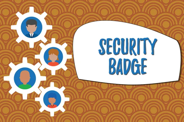 Writing note showing Security Badge. Business photo showcasing Credential used to gain accessed on the controlled area Gearshaped picture frame family ornament Whole Family photo.