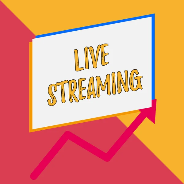 Conceptual hand writing showing Live Streaming. Business photo showcasing Transmit live video coverage of an event over the Internet Blank rectangle above another arrow zigzag upwards sale. — Stock Photo, Image
