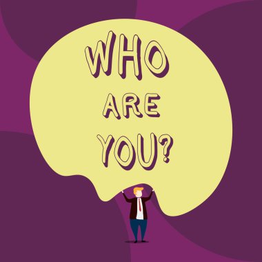 Kimsiniz sorusunu gösteren not yazma. İş fotoğraf gösteren kimlik veya gösteren bilgi Ön görünüm Adam takım elbise kravat iki el büyük balon kadar soran vitrin.