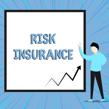 Kelime yazma metin Risk Sigorta. Sorumluluk kapsamına karşı Kayıp Hasar olasılığı için iş konsepti Boş dikdörtgen Geometrik arka planı işaret eden genç adam.