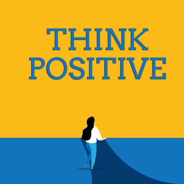 Conceptual hand writing showing Think Positive. Business photo text The tendency to be positive or optimistic in attitude Back view young long hair woman holding blank square announcement.