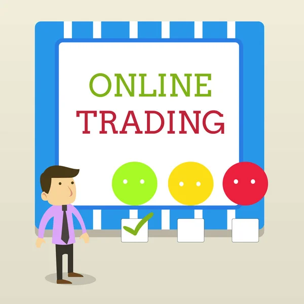 Word γράφοντας κείμενο Online Trading. Επιχειρηματική έννοια για την αγορά και την πώληση περιουσιακών στοιχείων μέσω μιας πλατφόρμας χρηματιστηριακής διαδικτυακής σύνδεσης λευκό αρσενικό ερωτηματολόγιο έρευνα επιλογή ικανοποίηση πράσινο τσιμπούρι. — Φωτογραφία Αρχείου