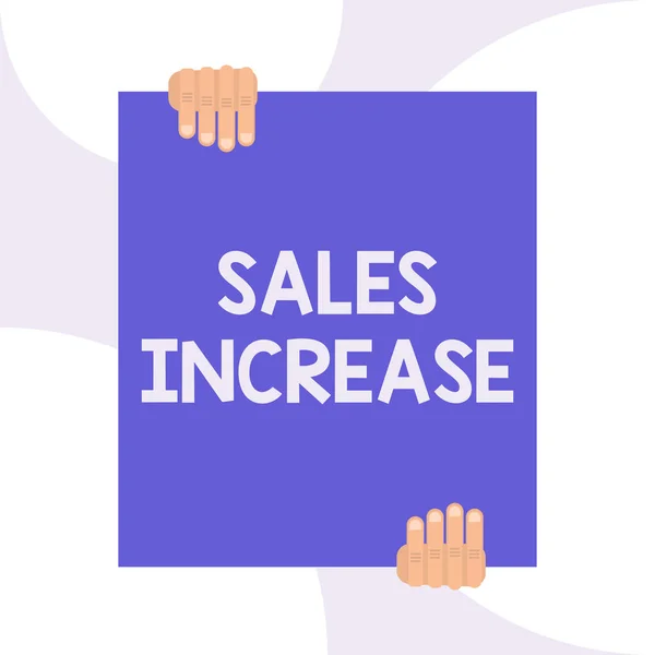 Handwriting text writing Sales Increase. Concept meaning Grow your business by finding ways to increase sales Two hands holding big blank rectangle up down Geometrical background design.