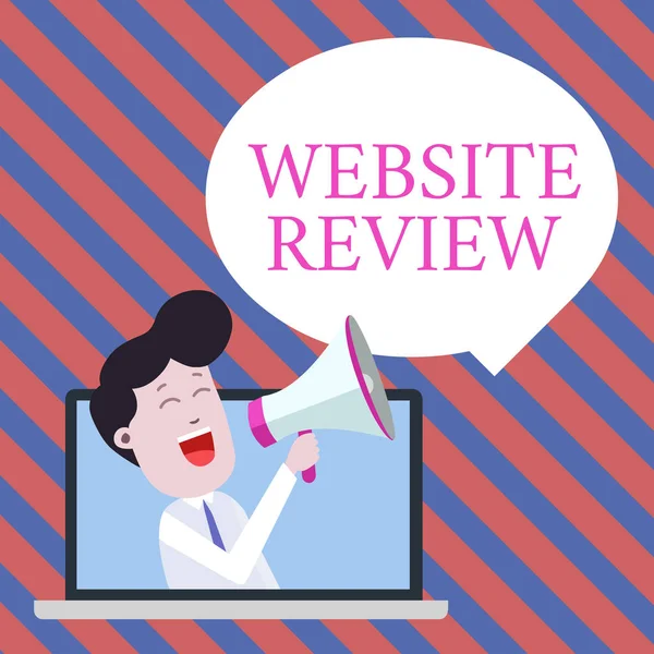 Handwriting text writing Website Review. Concept meaning Reviews that can be posted about businesses and services Man Speaking Through Laptop into Loudhailer Blank Speech Bubble Announce.
