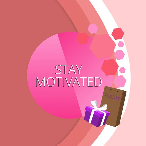 Znak tekstowy przedstawiający Stay motywację. Koncepcyjny zdjęcie Nagroda się za każdym razem, gdy osiągniesz cel z wiedzą, plakat z życzeniami Gift Box opakowanie pudełko ozdobione Bowwęzłem. — Zdjęcie stockowe