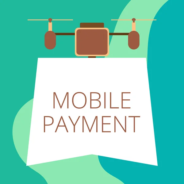 Conceptual hand writing showing Mobile Payment. Business photo showcasing Cashless Payment made through portable electronic devices Drone holding downwards banner Geometrical design. — Stock Photo, Image