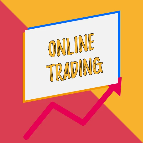Conceptual hand writing showing Online Trading. Business photo showcasing Buying and selling assets via a brokerage internet platform Blank rectangle above another arrow zigzag upwards sale. — Stock Photo, Image