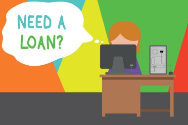El yazısı metin yazma Need A Loan Soru. Kavram o faiz genç kadın çalışma ofis masaüstü bilgisayar ofis monitör fotoğraf oturan geri ödenen beklenen para ihtiyacı soran anlamı.