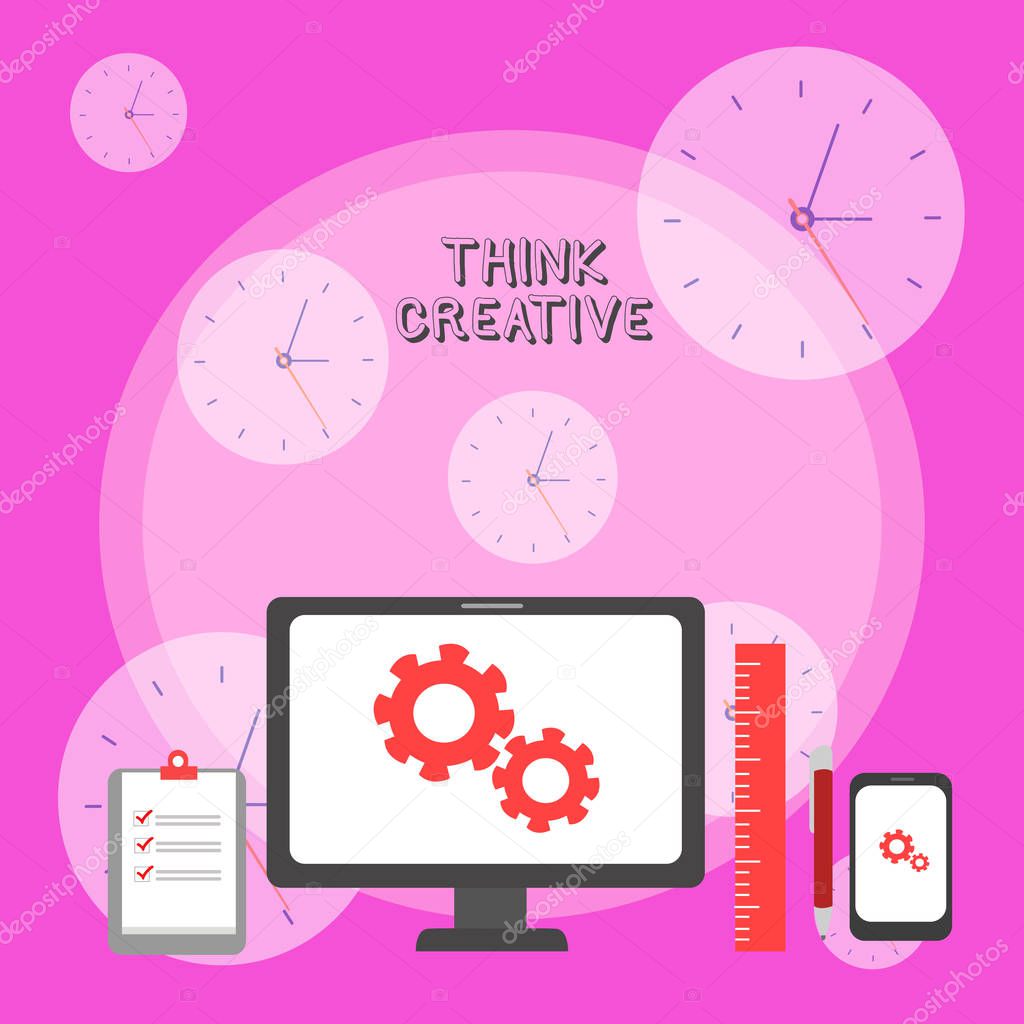 Writing note showing Think Creative. Business photo showcasing The ability to perceive patterns that are not obvious Business Concept PC Monitor Mobile Device Clipboard Ruler Ballpoint Pen.