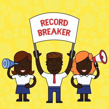 Word yazma metni Record Breaker. Birisi ya da bir şey için Iş kavramı blank Banner, Megafon ve Spy Glass Barışçıl Gösteri ile önceki en iyi sonucu İnsanlar yener.