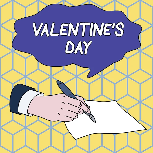 Signe texte montrant Saint Valentin S Day. Temps de photo conceptuel lorsque vous montrez des sentiments d'amour et d'affection Costume formel masculin tenant un stylo à bille Pièce vierge d'écriture en papier . — Photo