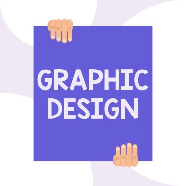 Grafik Tasarım yazma el yazısı metin. Kavram anlamı sanat veya reklam metin ve resimleri birleştirme becerisi Geometrik arka plan tasarımı aşağı büyük boş dikdörtgen tutan iki el.