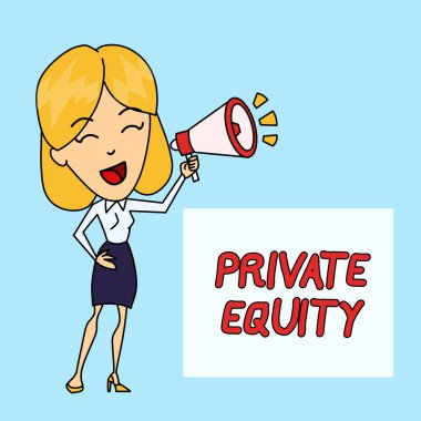 Private Equity'i gösteren bir not yazıyorum. Blowhorn Renkli Backgdrop Metin Kutusu'nda konuşan bir kamu borsası Yatırımlar Genç Kadın listelenen değil Sermaye vitrine.