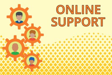 Kelime yazma metni Online Destek. Onların şikayet elektronik etkileşim Gearshaped resim çerçeve aile süs anne baba kız oğlu fotoğraf için Destek müşteriler için İş konsepti.