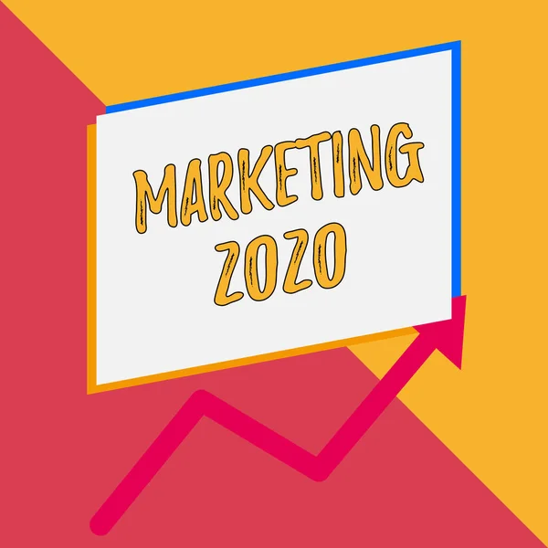Conceptual hand writing showing Marketing 2020. Business photo showcasing Commercial trends for 2020 New Year promotional event Blank rectangle above another arrow zigzag upwards sale.