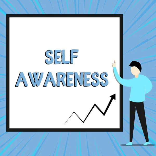 Word writing text Self Awareness. Business concept for Consciousness of a demonstrating towards a situation or happenings View young man standing pointing up blank rectangle Geometric background.