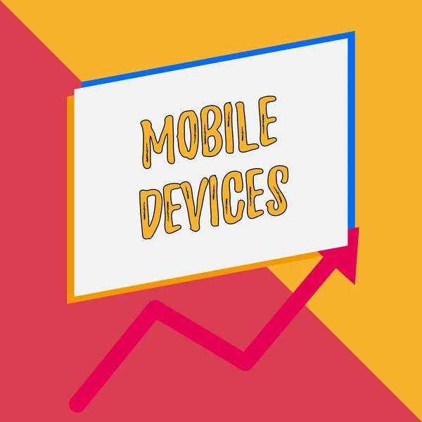 Conceptual hand writing showing Mobile Devices. Business photo showcasing A portable computing device like smartphone tablet computer Blank rectangle above another arrow zigzag upwards sale. — Stock Photo, Image