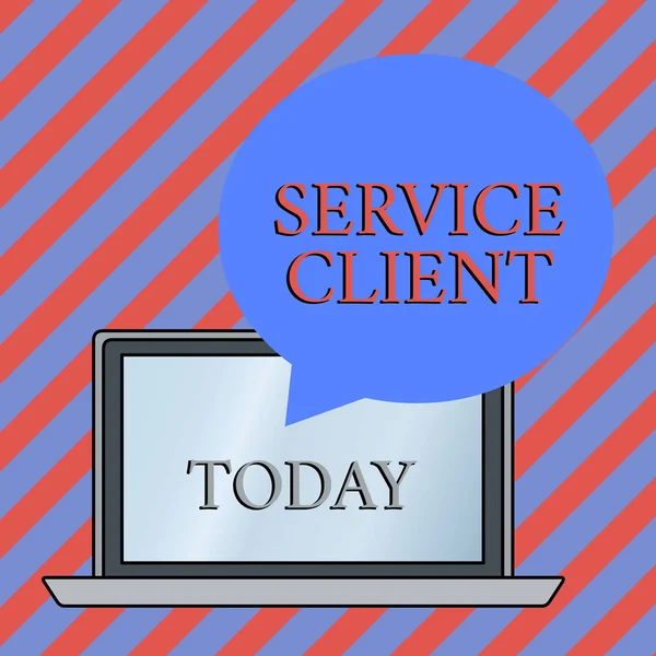 Conceptual hand writing showing Service Client. Business photo showcasing Dealing with customers satisfaction and needs efficiently Round Shape Speech Bubble Floating Over Laptop Backdrop. — Stock Photo, Image