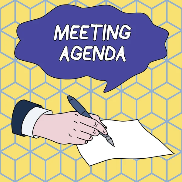 Text sign showing Meeting Agenda. Conceptual photo An agenda sets clear expectations for what needs to a meeting Male Hand Formal Suit Holding Ballpoint Pen Blank Piece of Paper Writing.