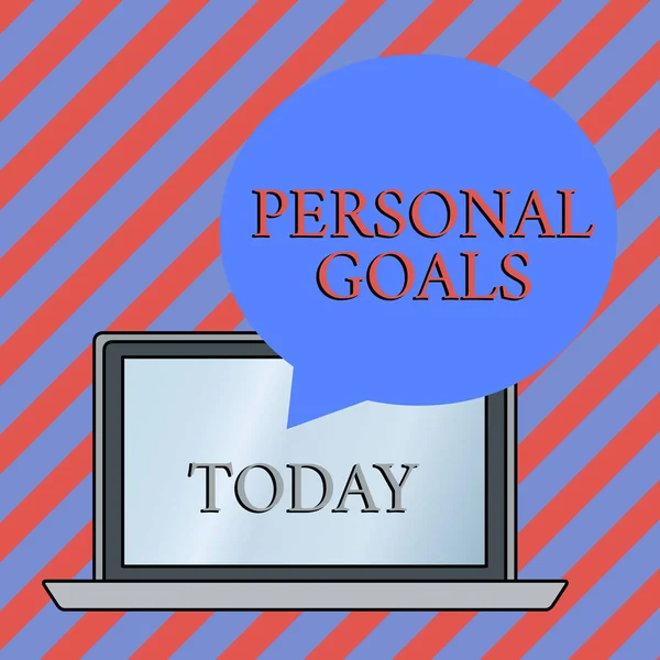 Conceptual hand writing showing Personal Goals. Business photo showcasing Target set by a demonstrating to influence his efforts Motivation Round Shape Speech Bubble Floating Over Laptop Backdrop.