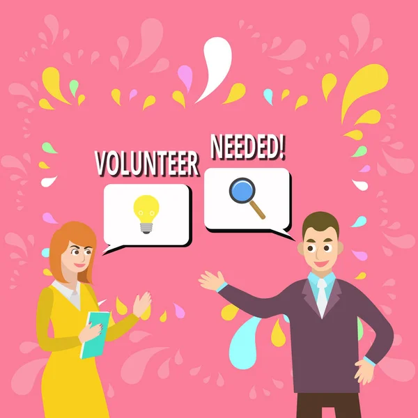 Writing note showing Volunteer Needed. Business photo showcasing asking demonstrating to work for organization without being paid Business Partners Colleague Jointly Seeking Problem Solution. — Stock Photo, Image